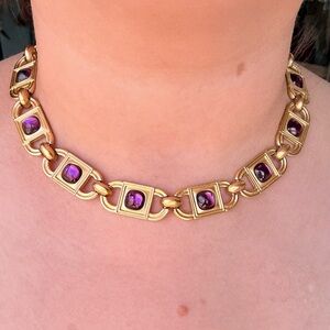 Vintage Monet faux gripoix necklace and earring set  dark magenta cabochons